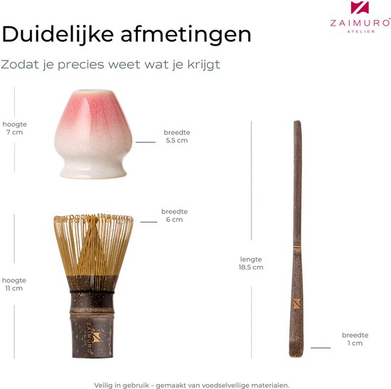 Afmetingen: matcha whisk hoogte 11 cm, breedte 6 cm. Lepel lengte 18,5 cm, breedte 1 cm. Kom hoogte 7 cm, breedte 5,5 cm.