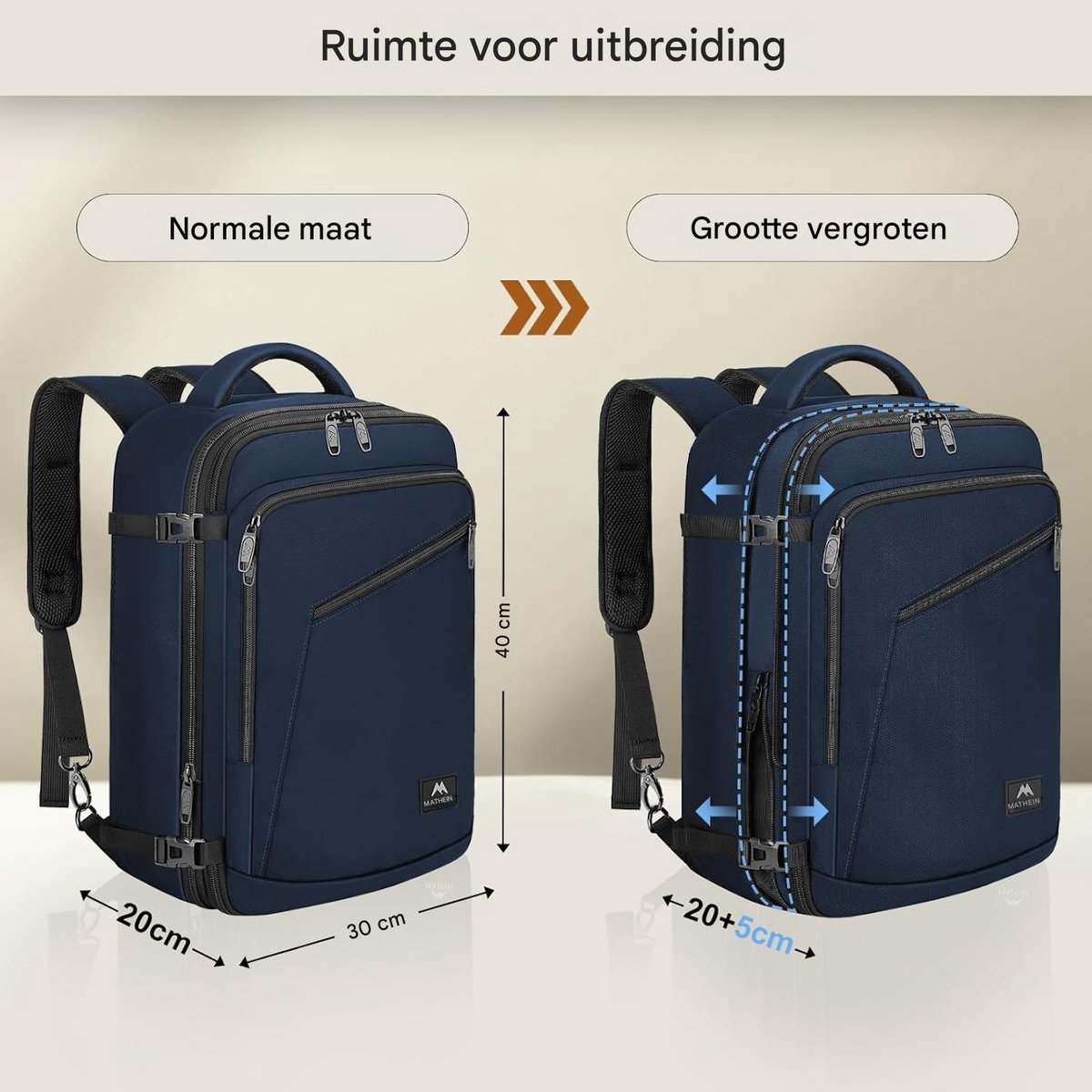 Matein Cabin Rugzak 40x30x20 cm voor Handbagage Vliegtuig – Reisrugzak 30L volgens Ryanair Maat, Uitbreidbare Unisex Backpack, Geschikt voor Transavia, KLM & easyJet, Lichtgewicht Travel Rugzak, Blauw – foto 8