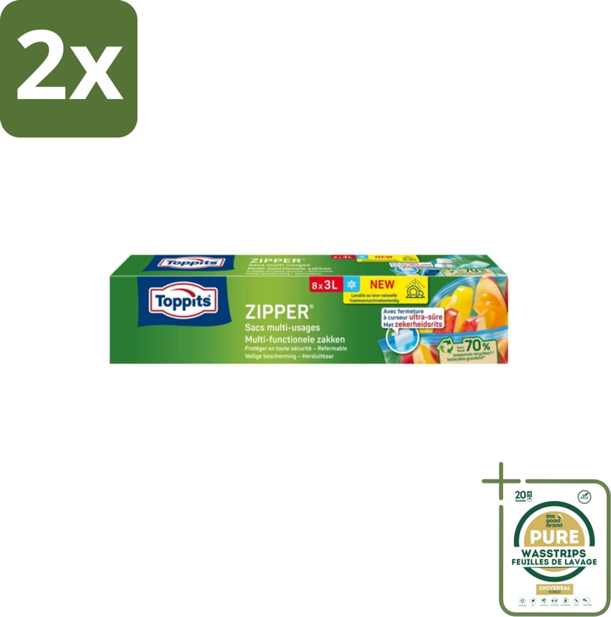 Toppits – Zipper Multifunctionele Zakken – 3 Liter – 8 Zakjes - Voordeelverpakking - 2 stuks - Herbruikbaar - Marineren