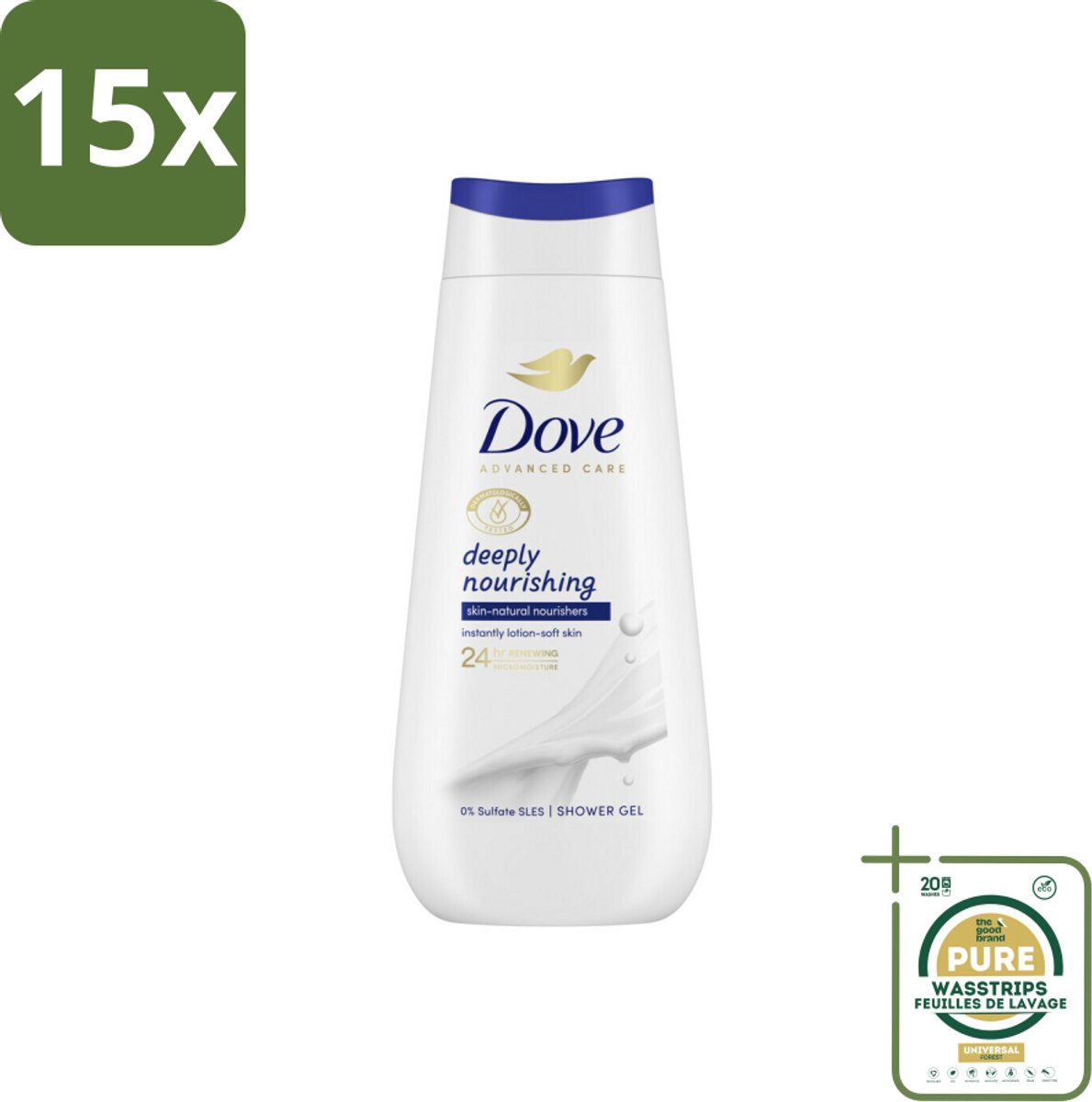 15 x Dove Douchecrème - Deeply Nourishing - 225 ml - Grootverpakking - Douche Crème - Droge Huid - Hydraterend - Micro Moisture - Zachte Huid