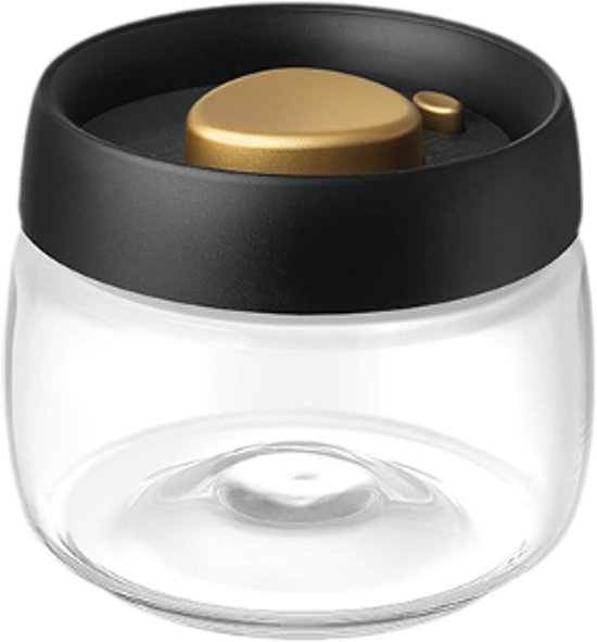 Glazen voorraadpot met zwarte deksel en gouden knop. De bodem heeft een ingedeukt design.