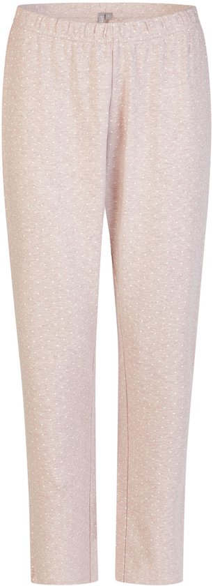 Lange pyjamabroek met kleine witte stippen op een roze ondergrond.