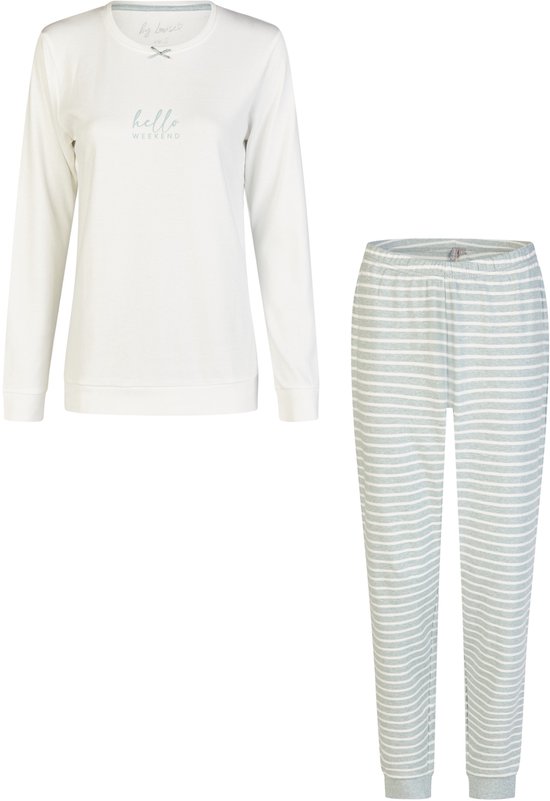 By Louise Dames Pyjama Set Lang Interlock Wit/Groen Gestreept - Maat M