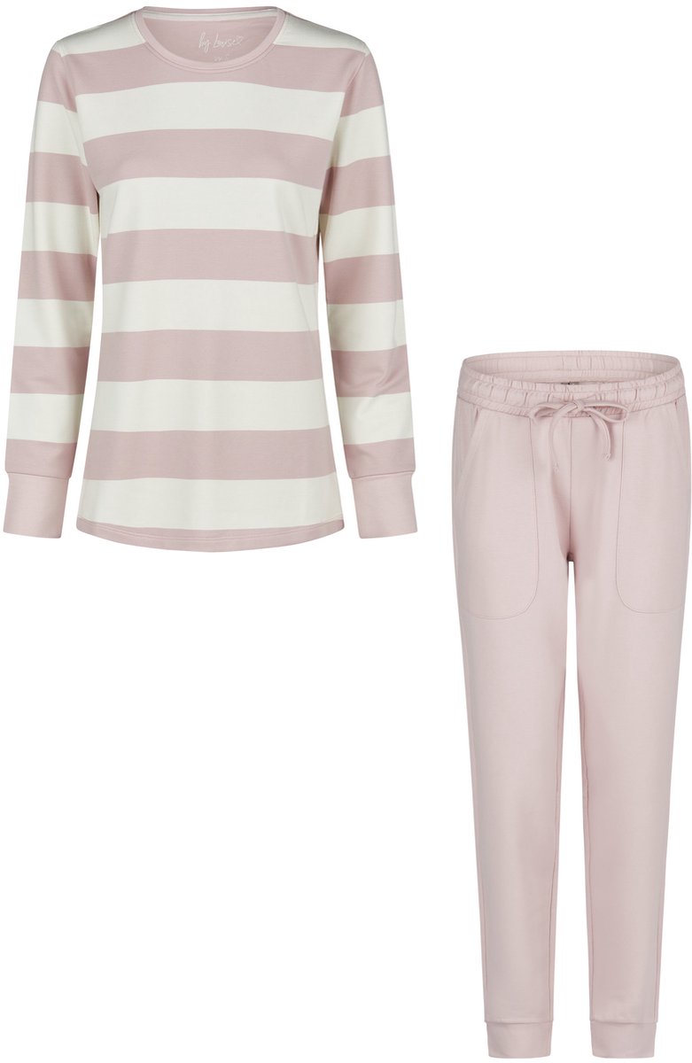 By Louise Dames Lounge Pyjama Set Lang Sweatstof Roze/Wit Gestreept