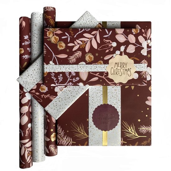 Luxe inpakpapier Kerst - 17-delige inpakset met dubbelzijdig cadeaupapier, cadeaustickers en cadeaulint