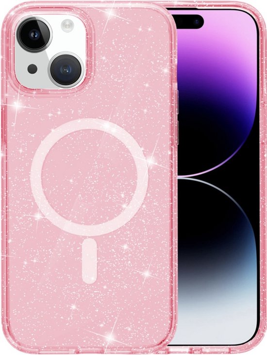 Coque rose à paillettes avec MagSafe pour iPhone 15 Pro, avec une partie de l'écran visible.