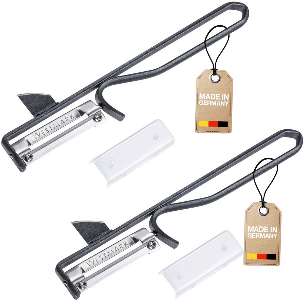 Westmark Peeler Black Edition, 2 dek. – Ergonomische aardappelschillers van staal met roestvrijstalen lemmet – Universele schiller voor groenten en fruit – Anthracite
