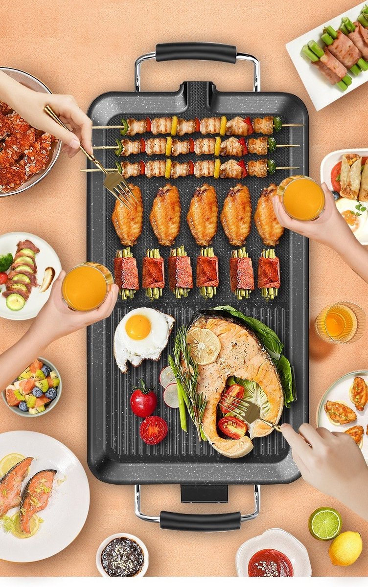 WK Grote Elektrische Grill 68×28 cm | 4-8 Persoons BBQ Pan met Gescheiden Bakzones | Marmeren Coating | RVS Bodem met Isolatie | 5 Temperatuurstanden | 1700W Snelle Verwarming | Makkelijk Schoon te Maken
