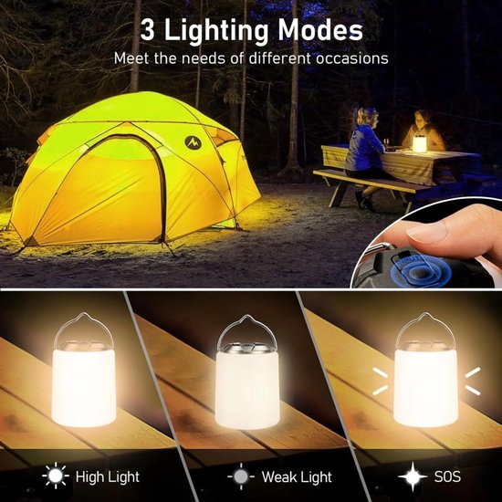 Set van twee oplaadbare campinglampen, 3000K warm wit licht, instelbare helderheid, 3 lichtstanden, meer dan 10 uur batterijduur, waterdicht. — afbeelding 4