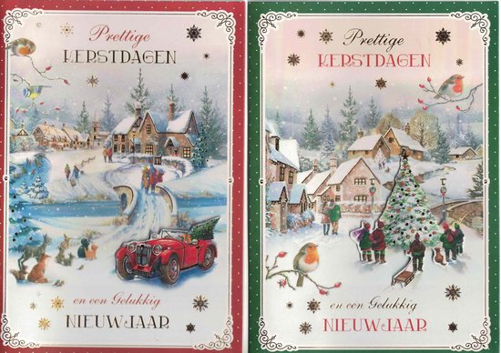 Set van twee kerstkaarten. De linker kaart toont een winterlandschap met een rode auto. De rechter kaart toont een winterdorp met een kerstboom. Beide kaarten met tekst: Prettige Kerstdagen en een Gelukkig Nieuwjaar.