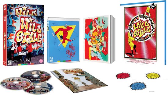 Wild Style Blu-ray set: hoes met graffiti, blauwe hoes met geel figuur, boekje met abstracte vormen en poster.