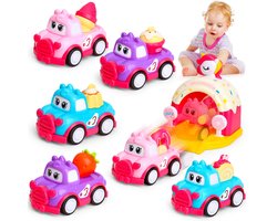 Namajunas - Speelgoed auto - Vanaf 1 jaar meisjes - Speelgoed baby - Speelgoedvoertuigenset voor peuters 10-12-18 maanden - cadeau voor kinderen van 1 2 3 jaar - 7 stuks dessertraceauto's met eenhoornkatapult - Terugtrek-auto speelgoed