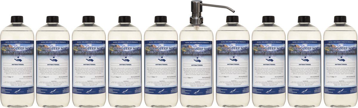 Handzeep No Scent No Colour 1 liter - set van 10 stuks - met gratis RVS zilverkleurige pomp - Voordeelverpakking