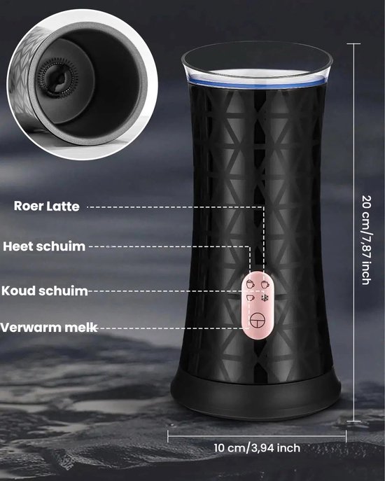 Zwarte melkopschuimer met geometrisch patroon toont vier functies: roer latte, heet schuim, koud schuim, verwarm melk. Afmetingen 20 cm hoog, 10 cm breed.