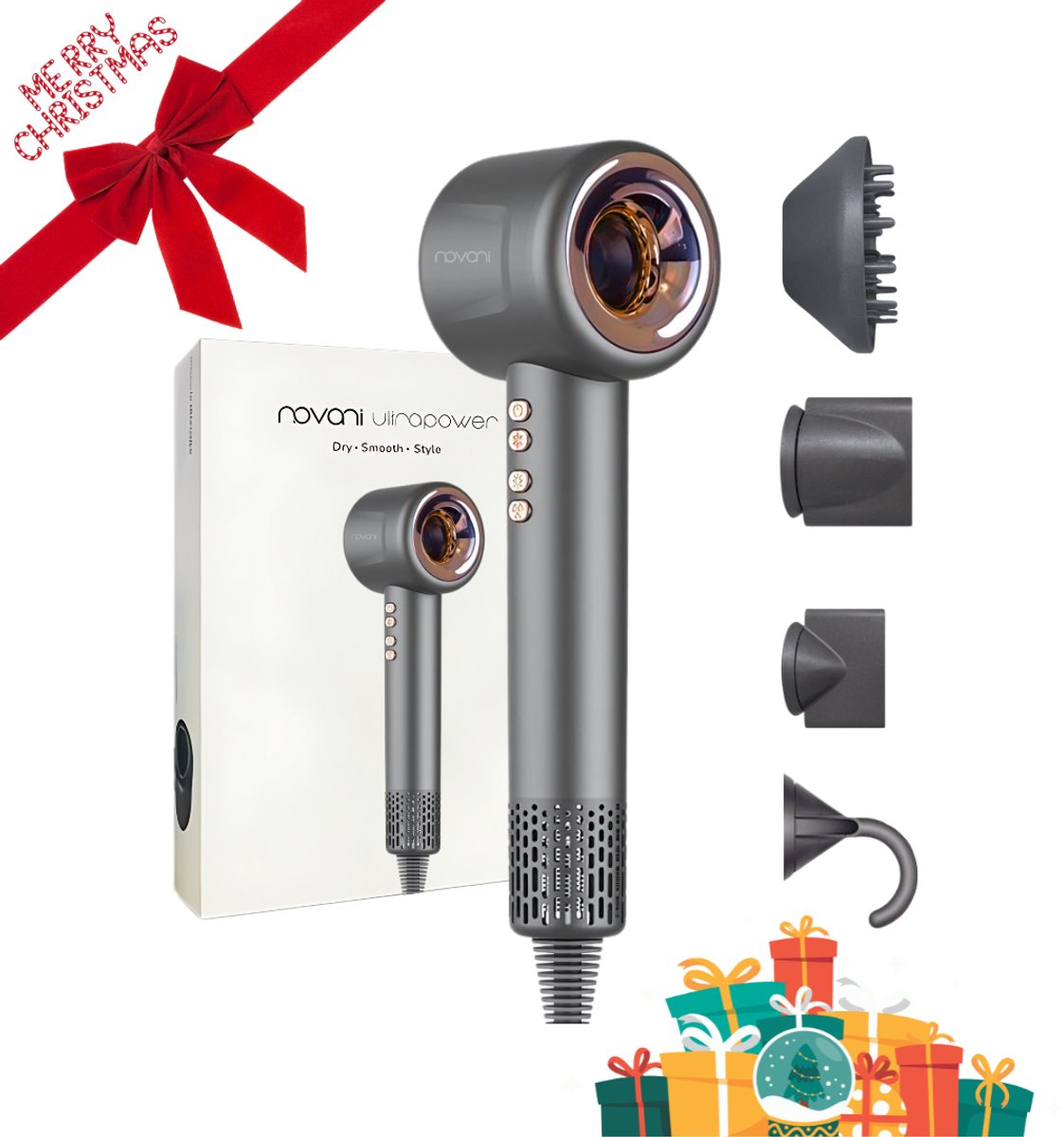 Novani Ultrapower Haardroger - Fohn - Haardroger Ionische Krullen Föhn met Diffuser - Grijs