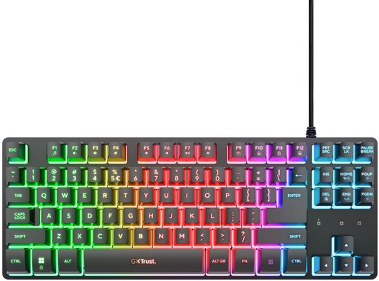 Zwart tenkeyless gaming toetsenbord met meerkleurige RGB-verlichting per toets, QWERTY-indeling.