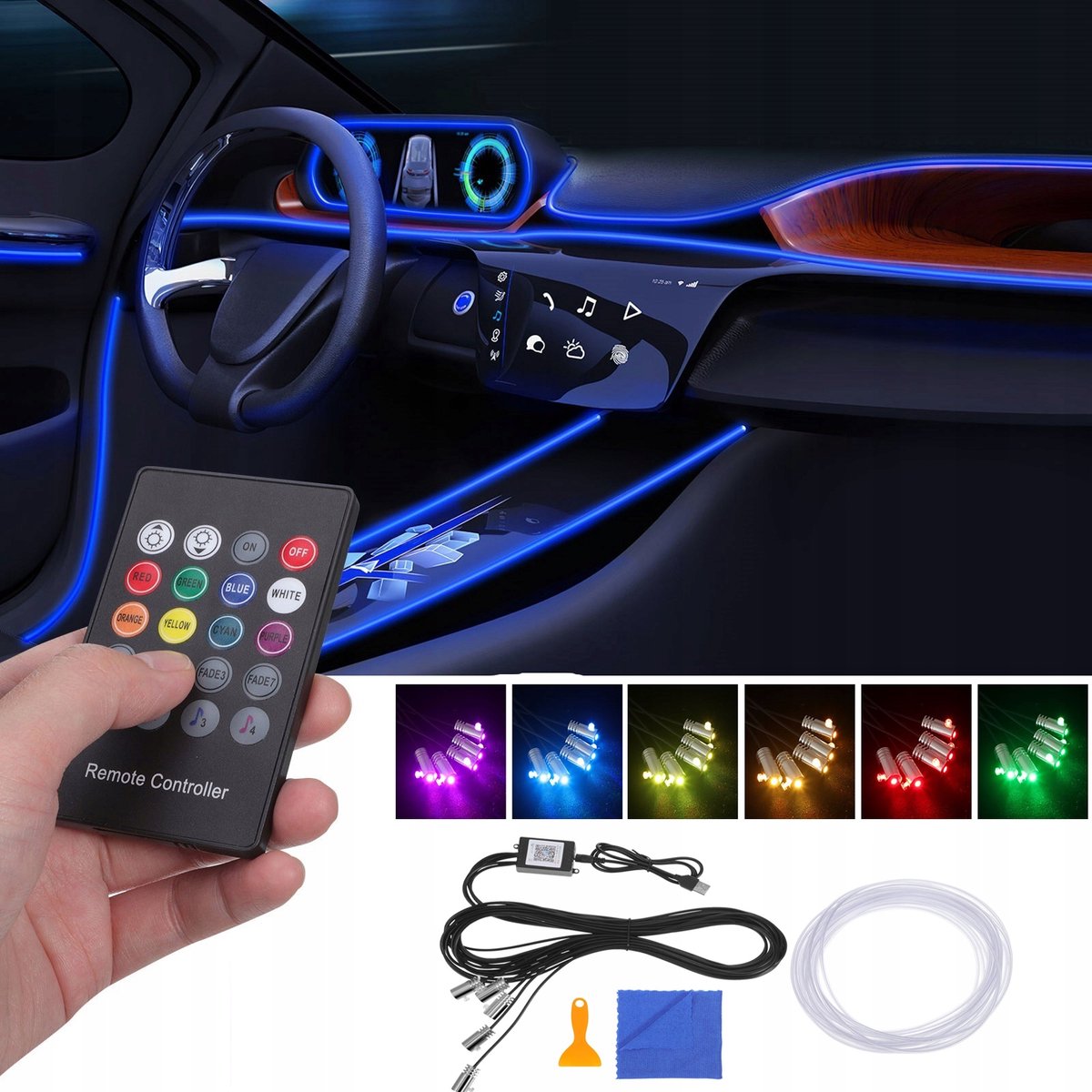 Auto Interieur Verlichting - LED RGB Ambilight met Optische Fiber - 8 Meter Set - Multicolor Sfeerlicht voor in de Auto
