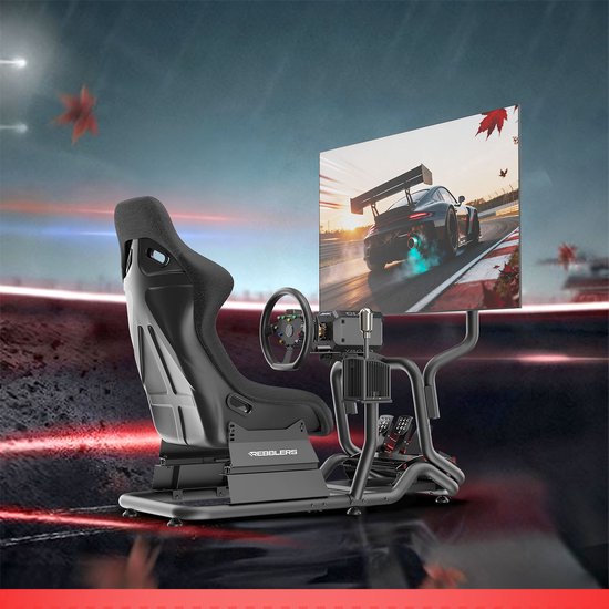 Cockpit de course sim noir REBBLERS avec siège baquet, volant et pédales, avec une voiture de course à l'écran.