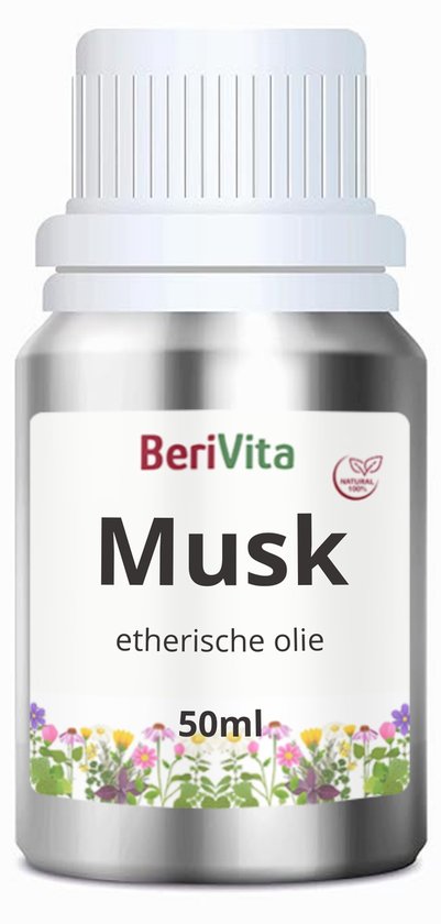 Een metalen flesje Berivita Musk etherische olie 50ml met bloemenrand op het label.