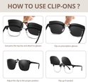 Instructies voor het gebruik van clip-on zonnebrillen: bevestigen, op bril klikken, aanpassen en opklappen.