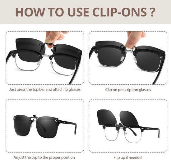 Instructies voor het gebruik van clip-on zonnebrillen: bevestigen, op bril klikken, aanpassen en opklappen.