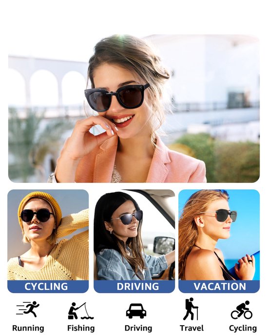 Model met donker haar die een zonnebril opzet, met afbeeldingen van activiteiten zoals fietsen, autorijden en vakantie.