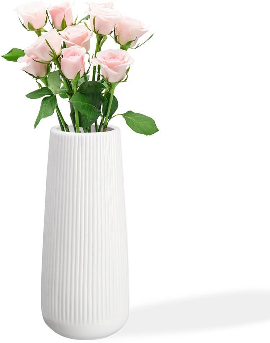 Witte Keramieken Vaas 19.5cm - Bloemenvaas voor Pampasgras Decoratie - Moderne Mini Vaas voor Woonkamer, Slaapkamer en Kantoor - Handgemaakte Ceramische Tafelvaas - Boerderij Stijl Witte Decoratie Vaas