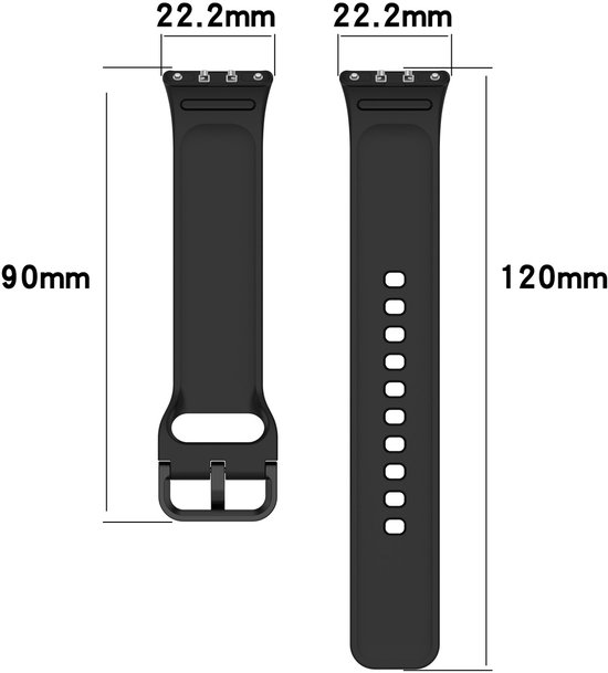 Twee zwarte siliconen horlogebandjes, één 90mm en de ander 120mm lang. Beide 22.2mm breed.