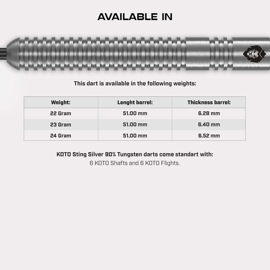 KOTO - Sting Silver Straight - 90% Tungsten - Dartpijlen - 22 Gram - Zilver - Steeldarts van KOTO — afbeelding 2