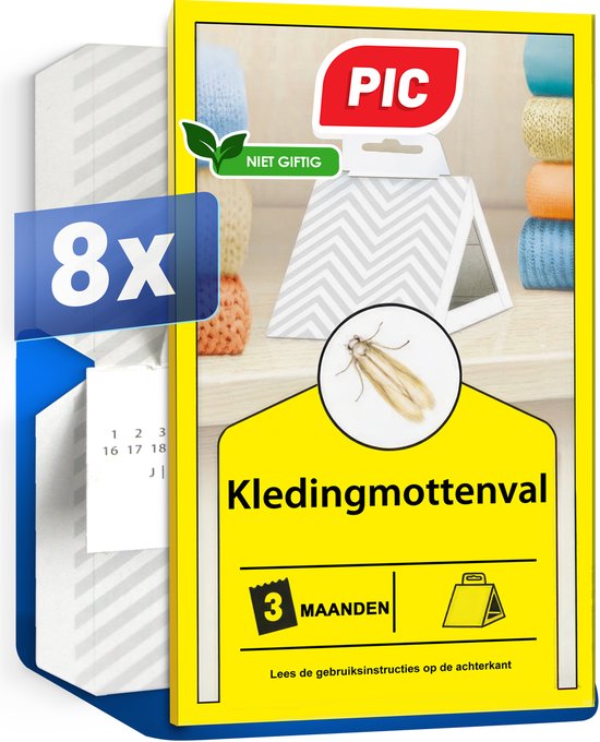 PIC Kledingmottenval 8 Stuks | Vangt Kledingmotten Betrouwbaar | Geurloos & Insecticidevrij | Voor Kledingkasten, Garderobes, Opbergboxen & Lades | Handige Monitoring Val voor Textielmotten