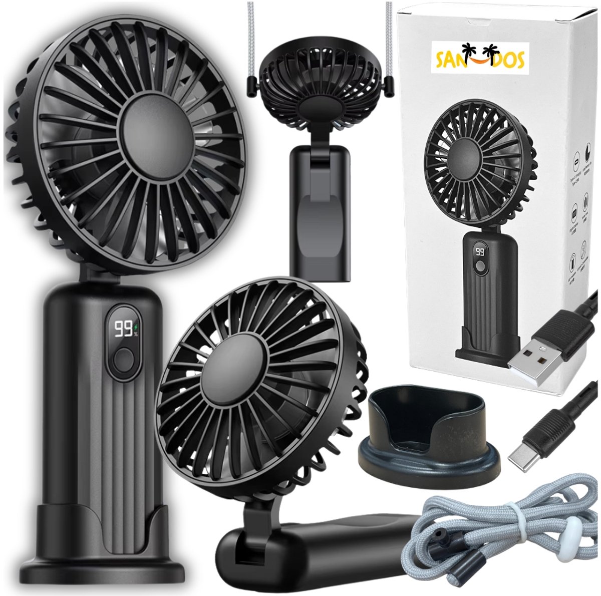 Sandos Serie - Mini Ventilator - Draagbaar - Zwart Mat