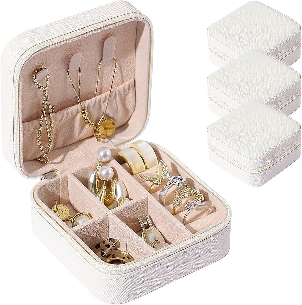 Sieradenorganizerset - 3-delige set - leren sieradendoos - draagbare sieradenorganizer - ringen, oorbellen, kettingen, armbanden - (wit) - sieradenorganizer - kerstcadeau - verjaardagscadeau
