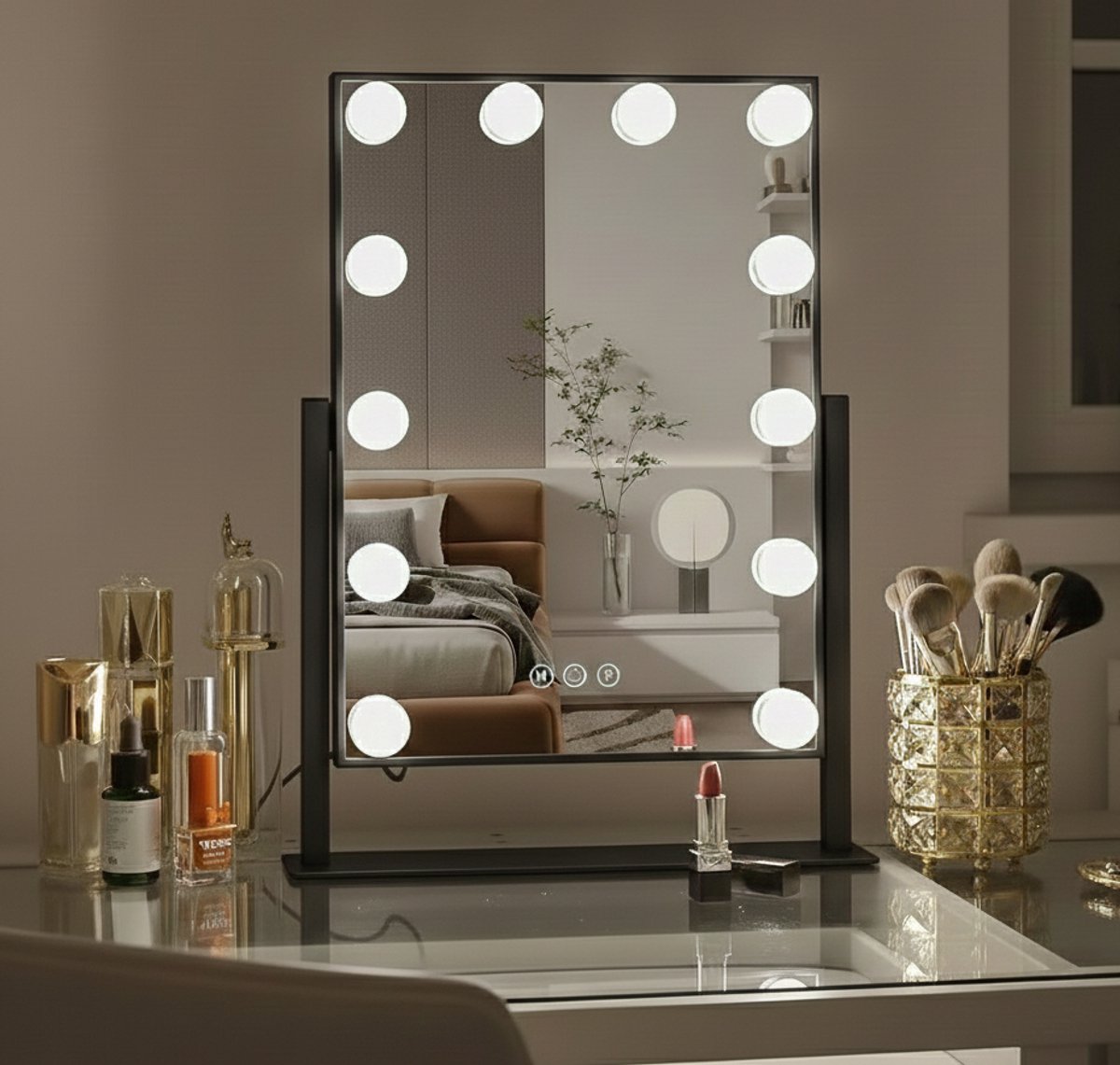 Bol.com Bright Beauty® Hollywood Make-up Spiegel – 30×41 cm – 360° Rotatie – Dimbaar – 3 Lichtkleuren LED – Smart Touch – Zwart aanbieding