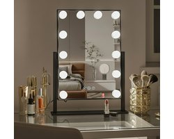 Bright Beauty® Hollywood Make-up Spiegel – 30×41 cm – 360° Rotatie – Dimbaar – 3 Lichtkleuren LED – Smart Touch – Zwart