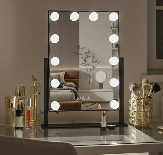Bright Beauty® Hollywood Make-up Spiegel – 30×41 cm – 360° Rotatie – Dimbaar – 3 Lichtkleuren LED – Smart Touch – Zwart