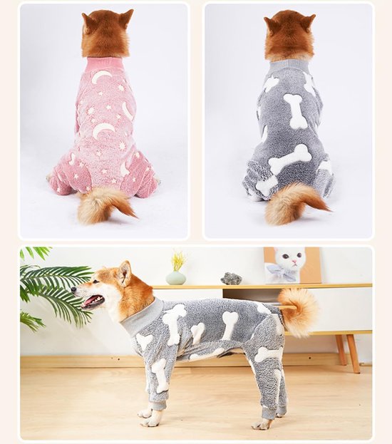 Collage: twee honden in pyjama's, één met sterren en manen, de ander met botjes