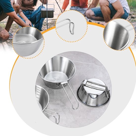 2-stuks roestvrijstalen kampeerkookset - Roestvrijstalen kom - Opvouwbare kom - Draagbare voedselkom - 500ml - Gemakkelijk schoon te maken - Geschikt voor picknicks, wandelen, barbecueën, kamperen in de buitenlucht en bergbeklimmen - Zilver — afbeelding 3