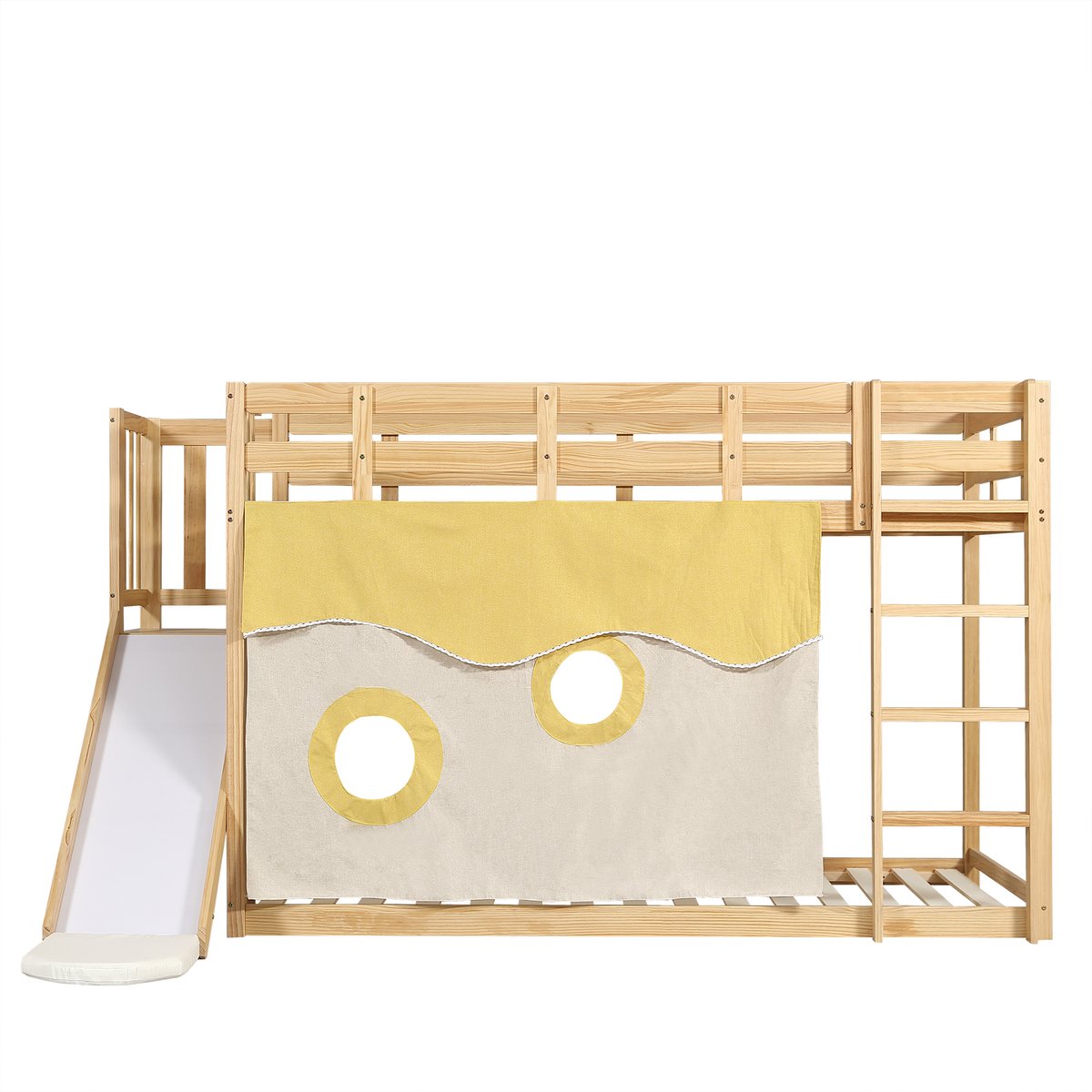 learnlogic Hoogslaapbed 90x200 cm met Glijbaan en Bedgordijnen, Veiligheidshekken, Opbergtrap, Natuur Hout Look, MDF & Grenen, Kinderbed