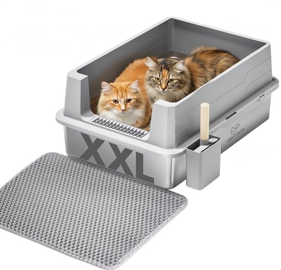 Jake and Jacky RVS Kattenbak - Kattenbak XXXL Voor Grote Katten - Kattentoilet Roestvrijstaal - Open Kattenbak - Incl. Kattenbakschep met Houder en Gritopvang Opstapje - 71x51x33cm - Grijs