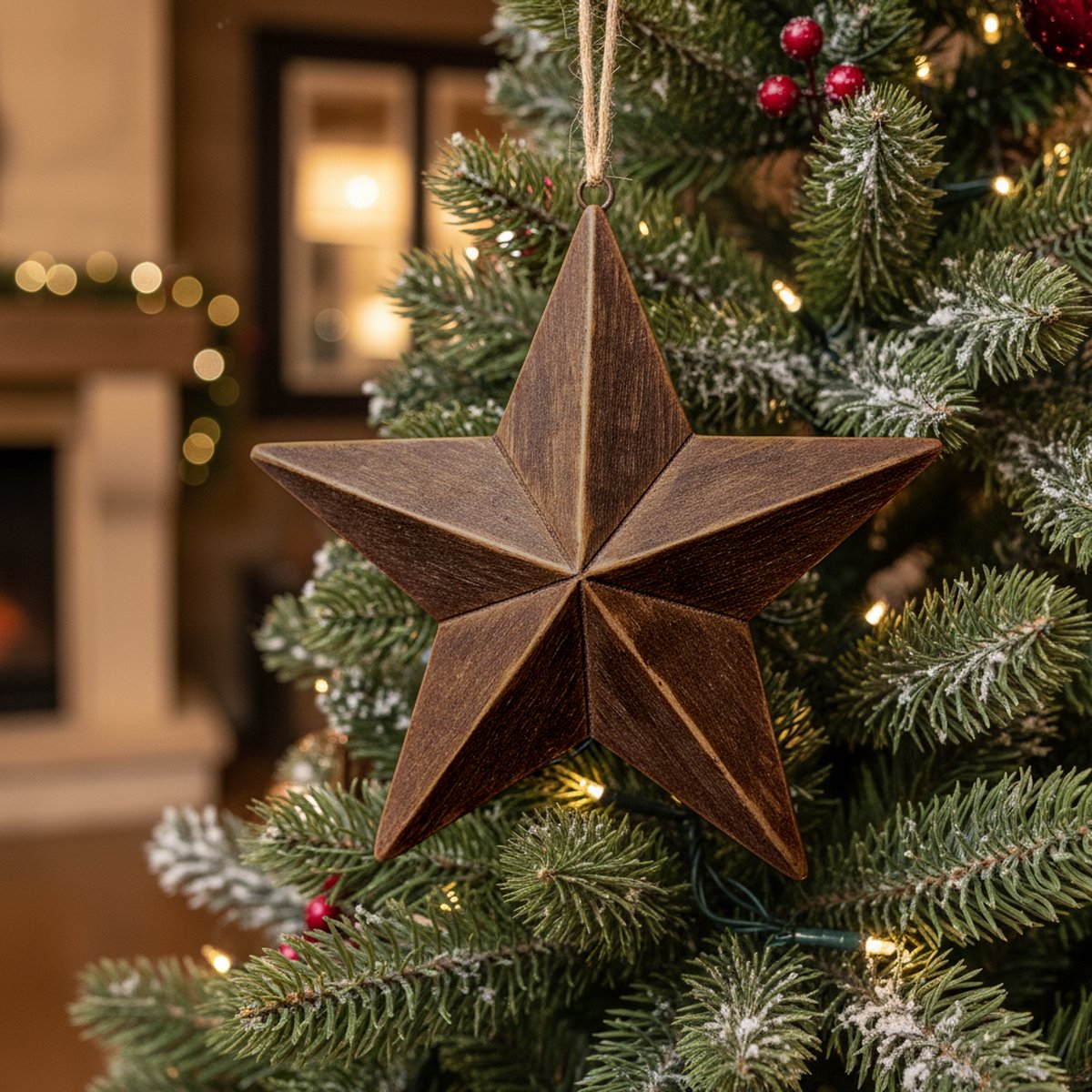 Kerststerren 3D 16cmx16cm hout - landelijke kerstdecoratie - Kersthanger ster met jute koord - Houten kerstversiering