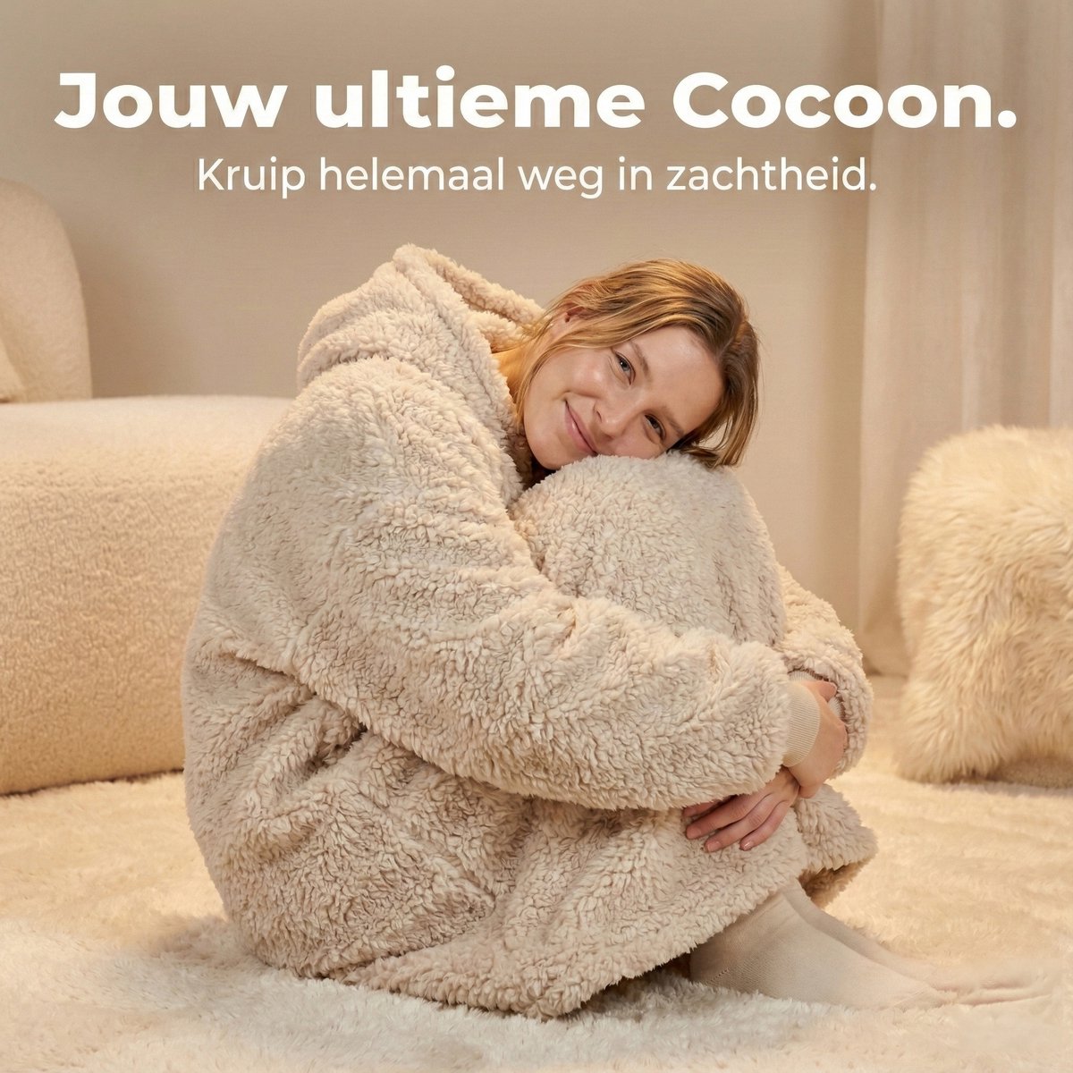 Zest Hoodie | The Ultimate Homewear – Beige Hoodie Deken – Fleece Deken met Mouwen – Unisex, Eén maat