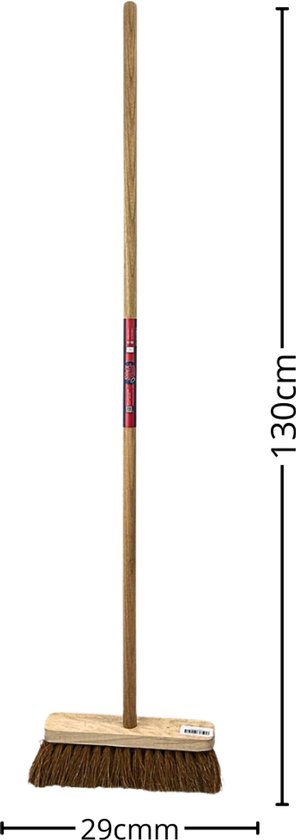 Bezem met kokosvezels, houten steel van 130 cm, kop van 29 cm.