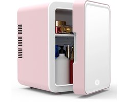 Mini koelkast 4L - Auto koelkast- Voor eten & drinken - Skincare & make-up fridge - Spiegel en LED-verlichting - USB - Roze