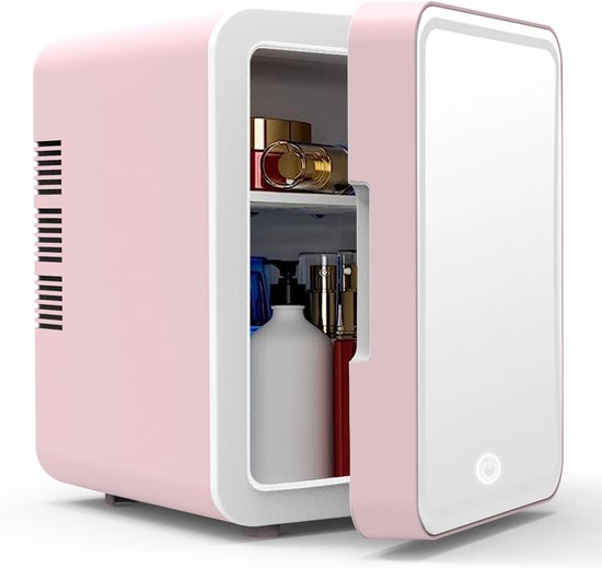 Mini koelkast 4L roze – auto koelkast 12V/220V, koel & warm, voor eten, drinken, make-up, met LED en USB