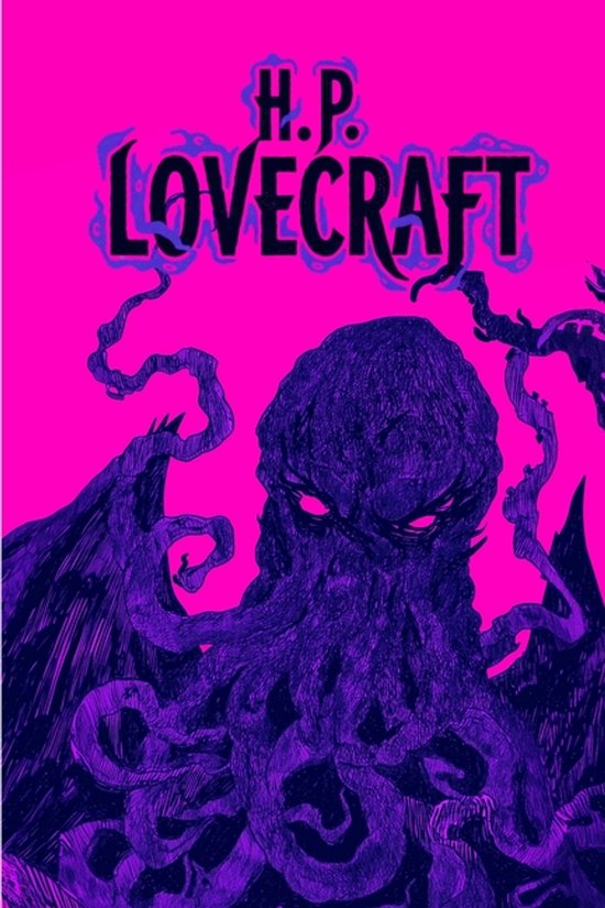 Livre H.P. Lovecraft avec une tête de tentacule violette sur fond rose.