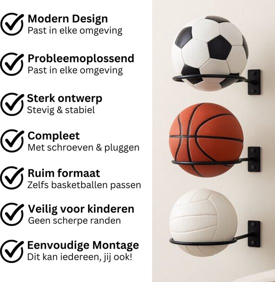 Balhouder, wandhouder, balrek, wandbalhouder met schroeven, voor basketbal, voetbal en volleybal, 6 stuks, zilver