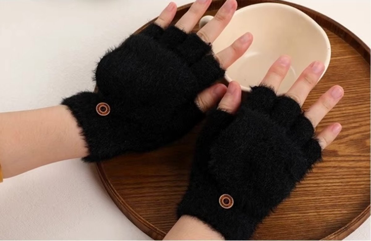 Without Lemon - Dames Winter Handschoenen - Halve Vingers & Flip Cover - Touchscreen - Warm - Winter - Pluche - Zwart
