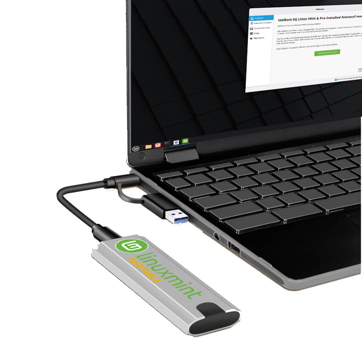Draagbare externe M.2 SSD met Linux-Mint voorgeïnstalleerd + Anonsurf Module