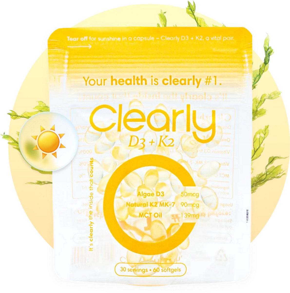 Clearly Vitamine D3 K2 – Vegan – Met MCT-olie voor Optimale Opname – 60 Softgels – D3 uit Algen – K2 MK-7 uit Natto