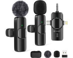 Draadloze Lavalier Microfoon 2 Stuks met Beschermcase – Plug & Play – Bluetooth – USB-C & Lightning – Mini Dasspeldmicrofoon – Microfoon Draadloos